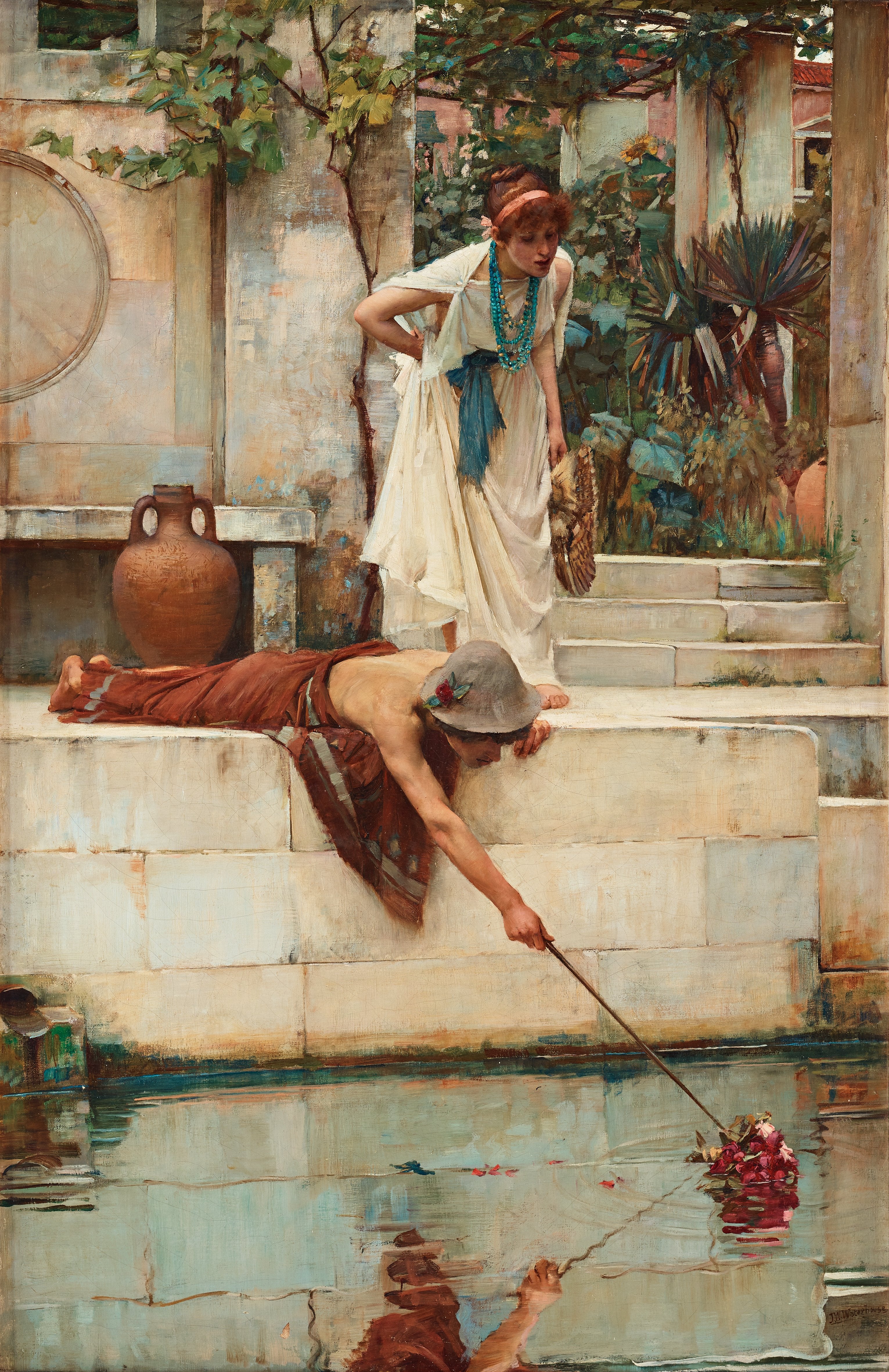 Painting of a woman in classical attire by a pool with another person fishing.